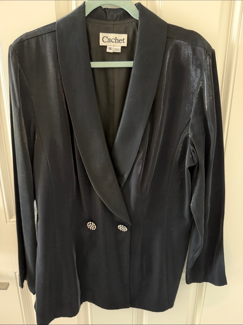 Cachet Black Satin-Trim Double-Breasted Blazer with Jewel Buttons